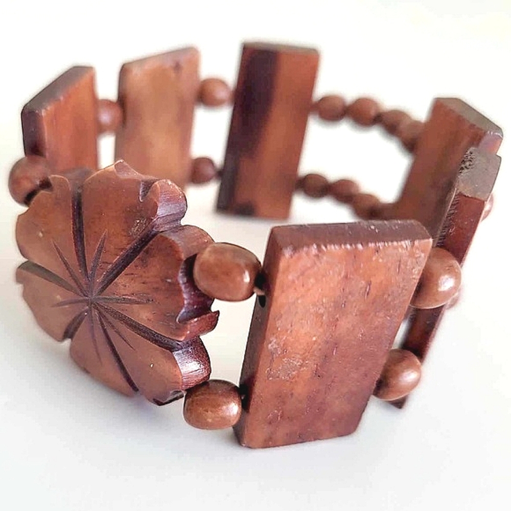 Vintage Hand Carved Exotic Stone Handmade Wood Like Jewelry Cuff Bracelet